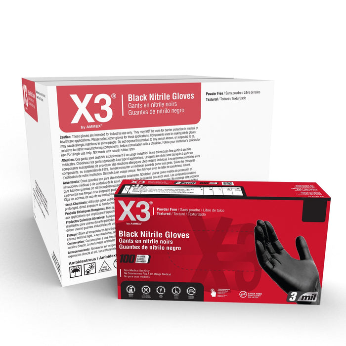 X3 3 mil. Black Nitrile Disposable Industrial Gloves - BX3