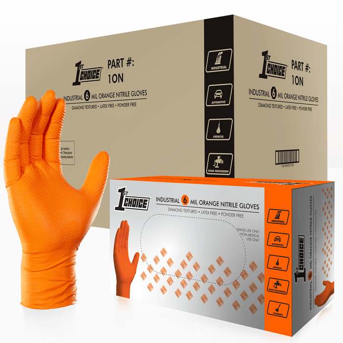 1st Choice Premium 6 mil. Orange Nitrile Disposable Industrial Gloves with Raised Diamond Texture - 1ON (2-Pack)