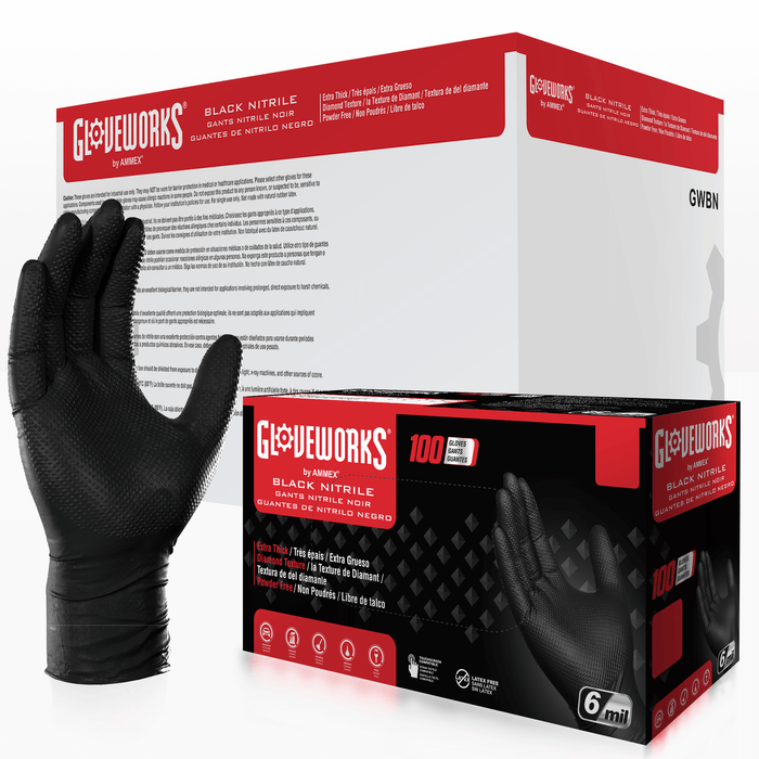 Gloveworks HD 6 mil. Black Nitrile Disposable Industrial Gloves with Raised Diamond Texture - GWBN (2-Pack)