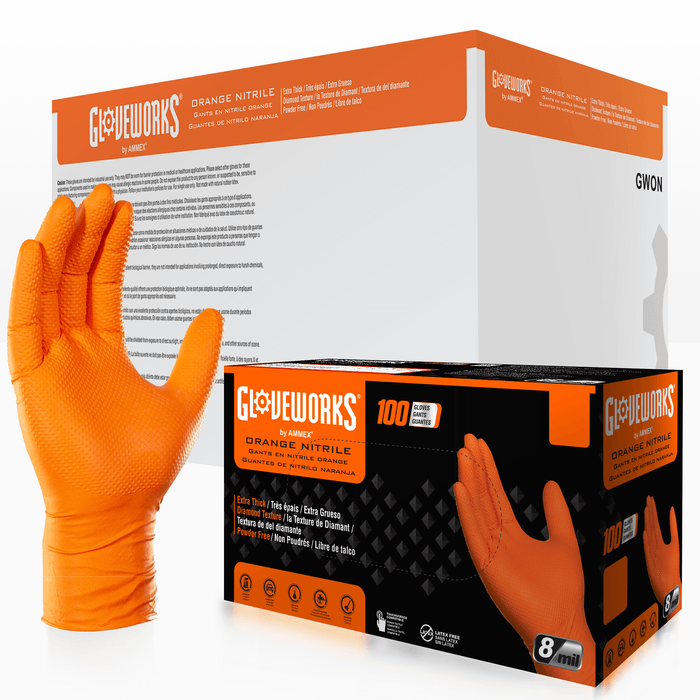 Gloveworks HD 8 mil. Orange Nitrile Disposable Industrial Gloves with Raised Diamond Texture - GWON (2-Pack)