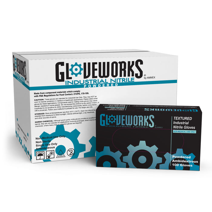 Gloveworks 5 mil. Blue Nitrile Disposable Powdered Industrial Gloves - IN