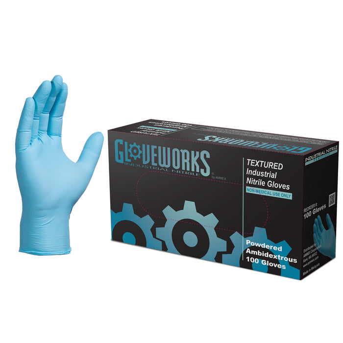Gloveworks 5 mil. Blue Nitrile Disposable Powdered Industrial Gloves - IN