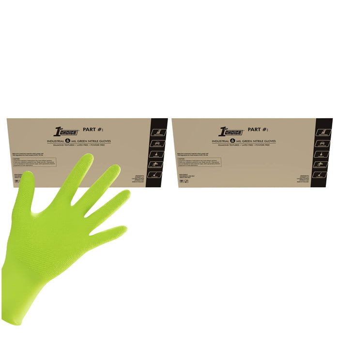 1st Choice Green Nitrile Disposable Gloves with Raised Diamond Texture, Powder Free, 6 mil - 1GN