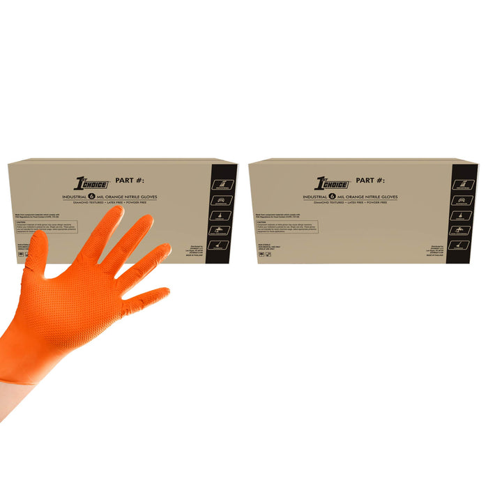 1st Choice Orange Nitrile Disposable Gloves with Raised Diamond Texture, Powder Free, 6 mil - 1ON