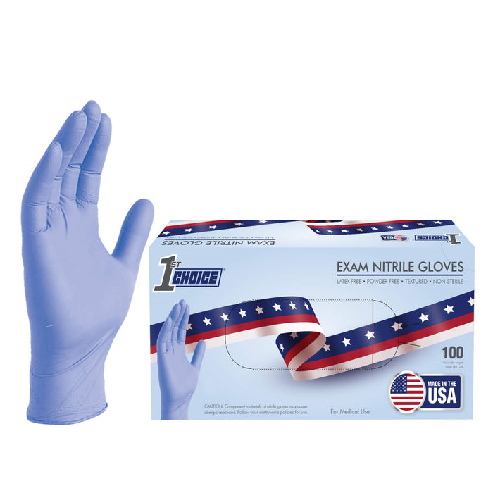 1st Choice 3 mil. Light Blue Nitrile Disposable Exam Gloves - Made in the USA - 1USEIN