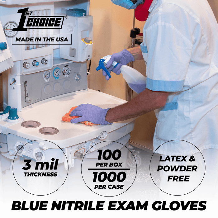 1st Choice 3 mil. Light Blue Nitrile Disposable Exam Gloves - Made in the USA - 1USEIN