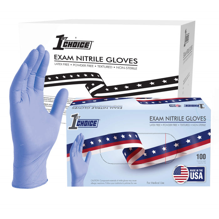 1st Choice 3 mil. Light Blue Nitrile Disposable Exam Gloves - Made in the USA - 1USEIN