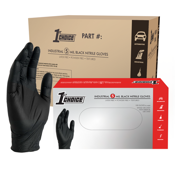 1st Choice 5-Mil Black Industrial Nitrile Disposable Gloves, Latex