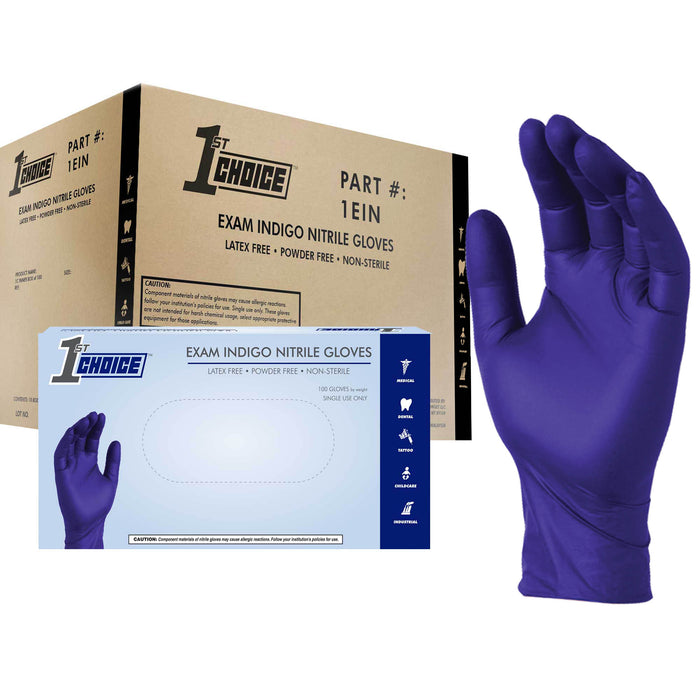 1st Choice 3 mil. Indigo Nitrile Disposable Exam Gloves, Large, Box of 100 - 1EIN
