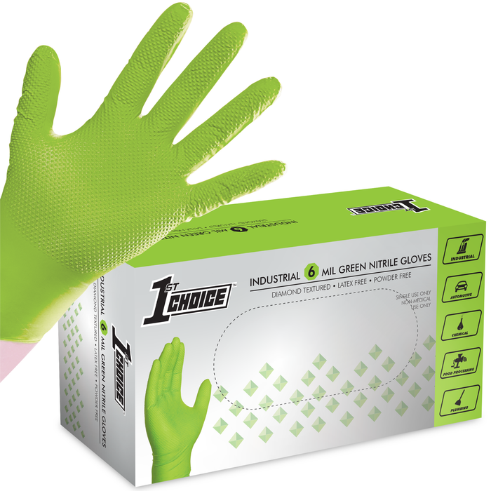 1st Choice Premium 6 mil. Green Nitrile Disposable Industrial Gloves with Raised Diamond Texture - 1GN