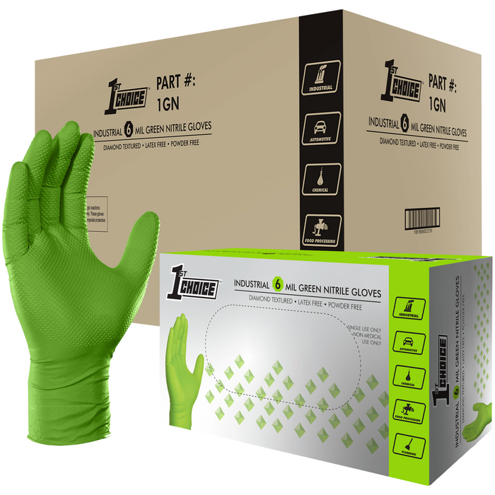 1st Choice Premium 6 mil. Green Nitrile Disposable Industrial Gloves with Raised Diamond Texture - 1GN