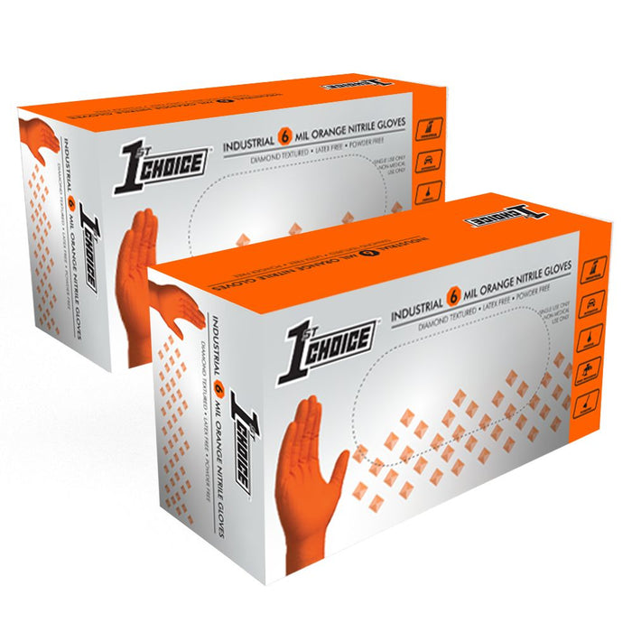 1st Choice Premium 6 mil. Orange Nitrile Disposable Industrial Gloves with Riased Diamond Texture, Large, 2 Boxes of 100 - 1ON (2-Pack)