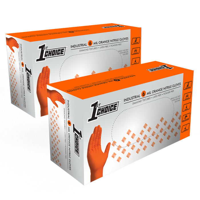 1st Choice Premium 6 mil. Orange Nitrile Disposable Industrial Gloves with Raised Diamond Texture - 1ON (2-Pack)