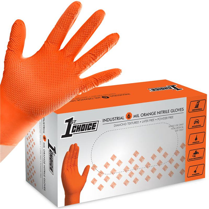 1st Choice Premium 6 mil. Orange Nitrile Disposable Industrial Gloves with Raised Diamond Texture - 1ON