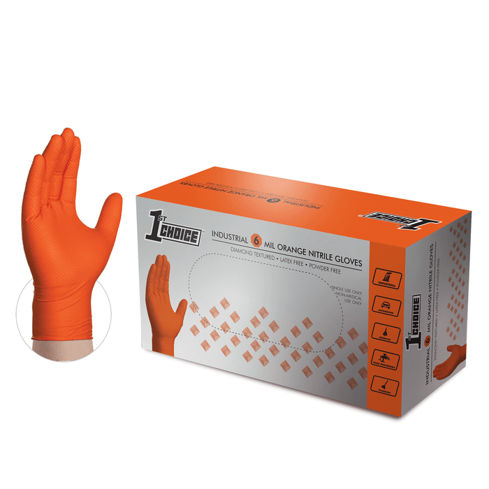 1st Choice Premium 6 mil. Orange Nitrile Disposable Industrial Gloves with Raised Diamond Texture - 1ON