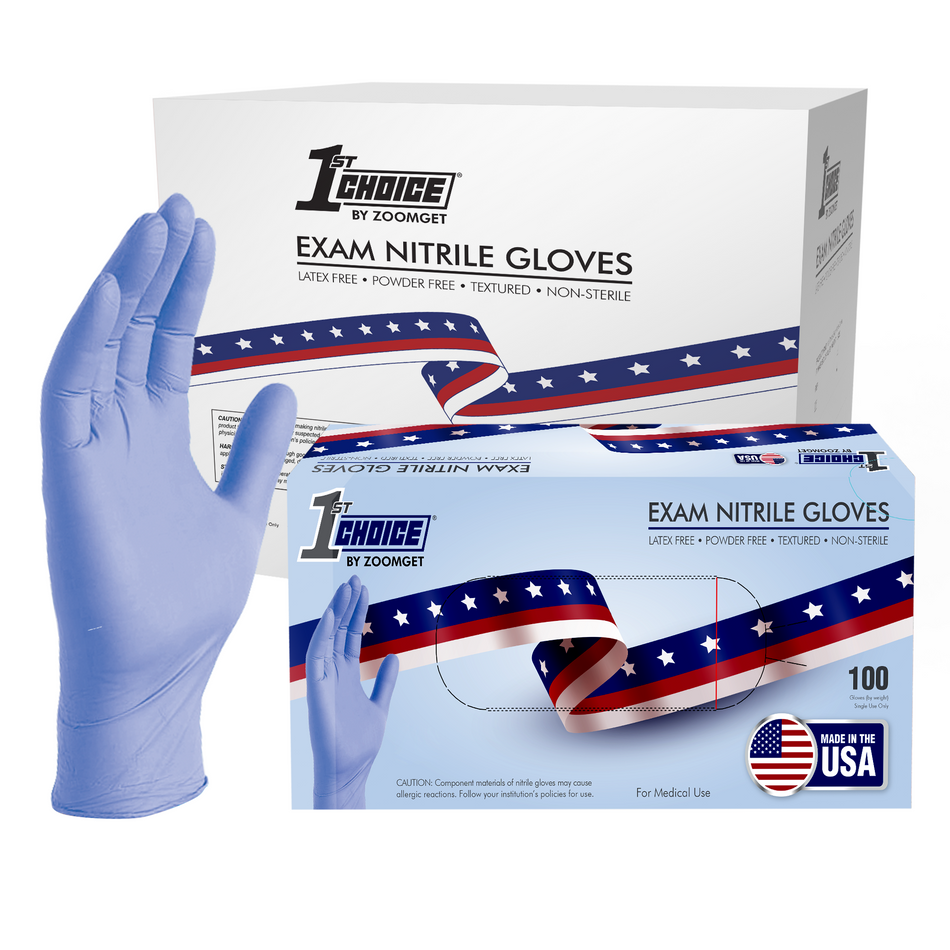 1st Choice 3 mil. Light Blue Nitrile Disposable Exam Gloves - Made in the USA - 1USEIN