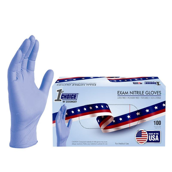 1st Choice 3 mil. Light Blue Nitrile Disposable Exam Gloves - Made in the USA  - 1USEIN