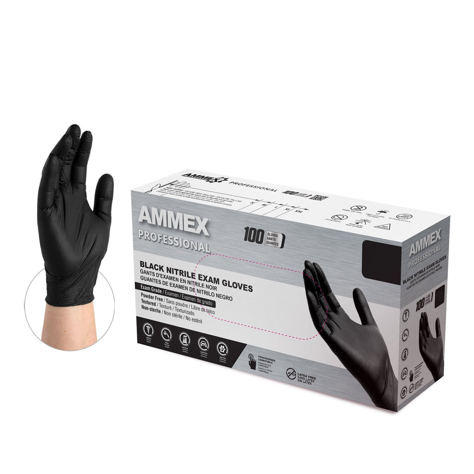 AMMEX Professional 3 mil. Black Nitrile Disposable Exam Gloves - ABNPF