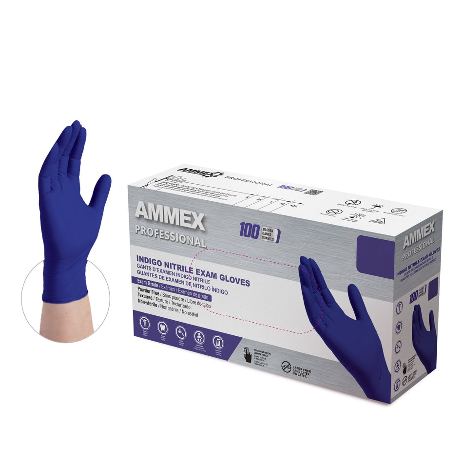 AMMEX Professional 3 mil. Indigo Nitrile Disposable Exam Gloves - AINPF