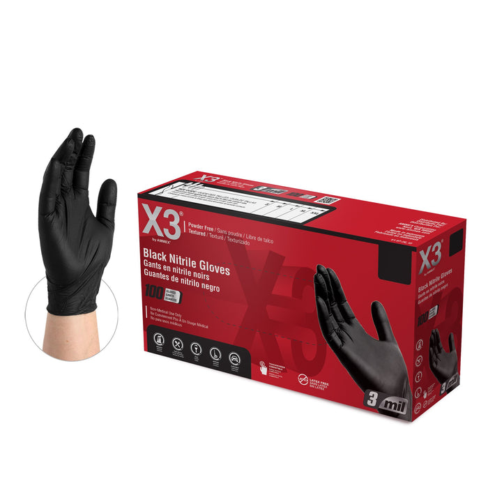 X3 3 mil. Black Nitrile Disposable Industrial Gloves - BX3