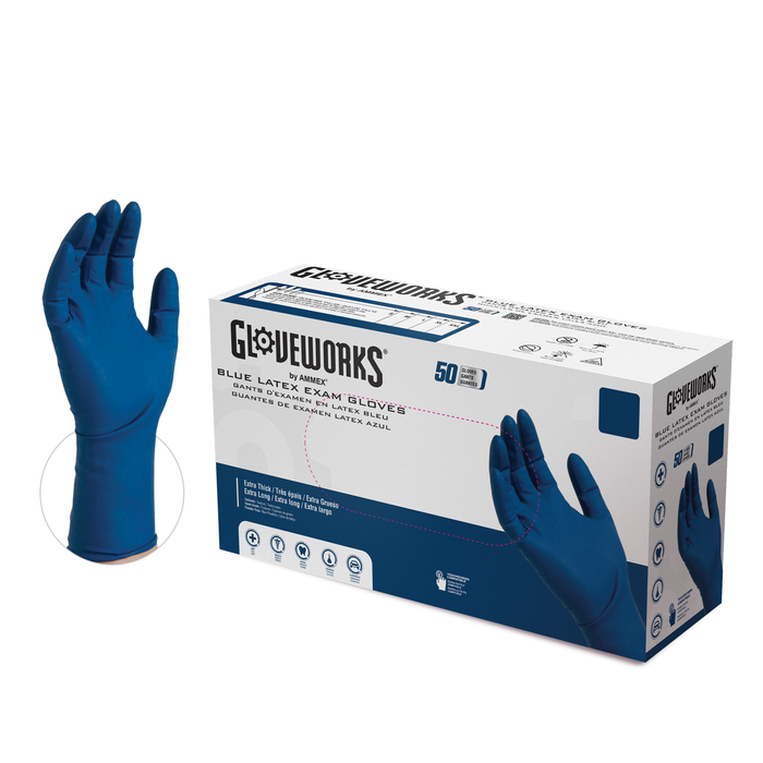 Gloveworks HD 13 mil. Blue Latex Disposable Medical Gloves - GPLHD