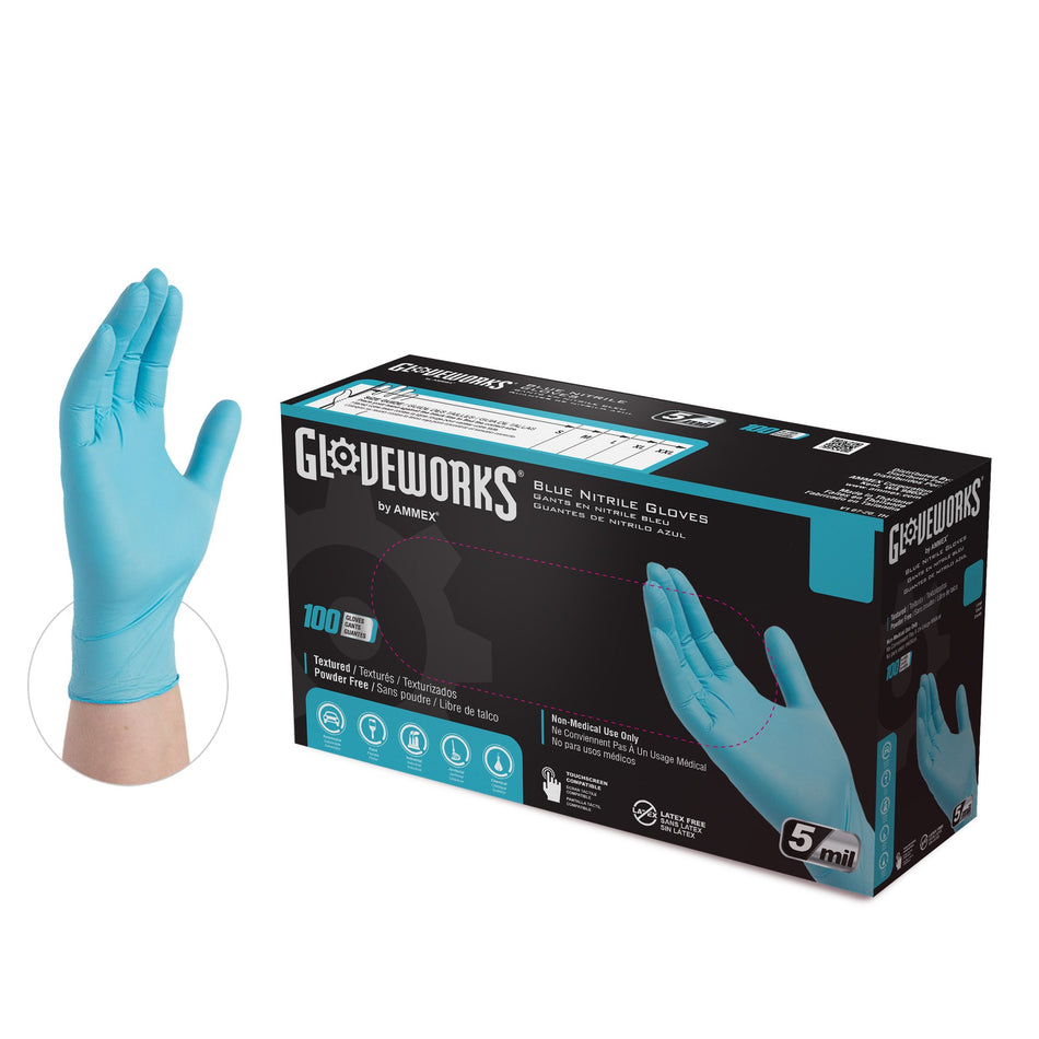 Gloveworks 5 mil. Blue Nitrile Disposable Industrial Gloves - INPF