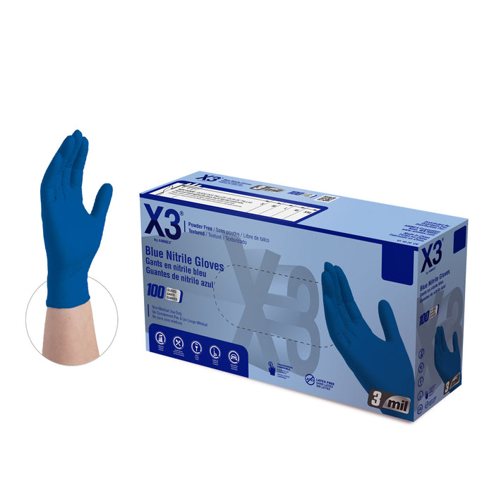 X3 Industrial Blue Nitrile Gloves, 3 Mil, Latex Free, Powder Free, Textured, Disposable, Non-Sterile, Food Safe - NX3