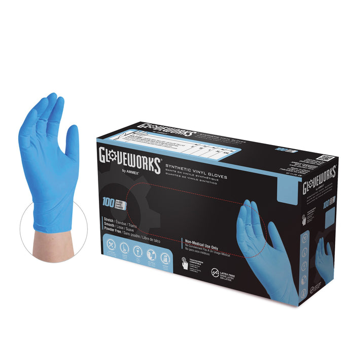 Gloveworks Blue Synthetic Vinyl Industrial Gloves, 3 Mil, Latex Free, Powder Free, Non-Sterile, Food Safe - QIV