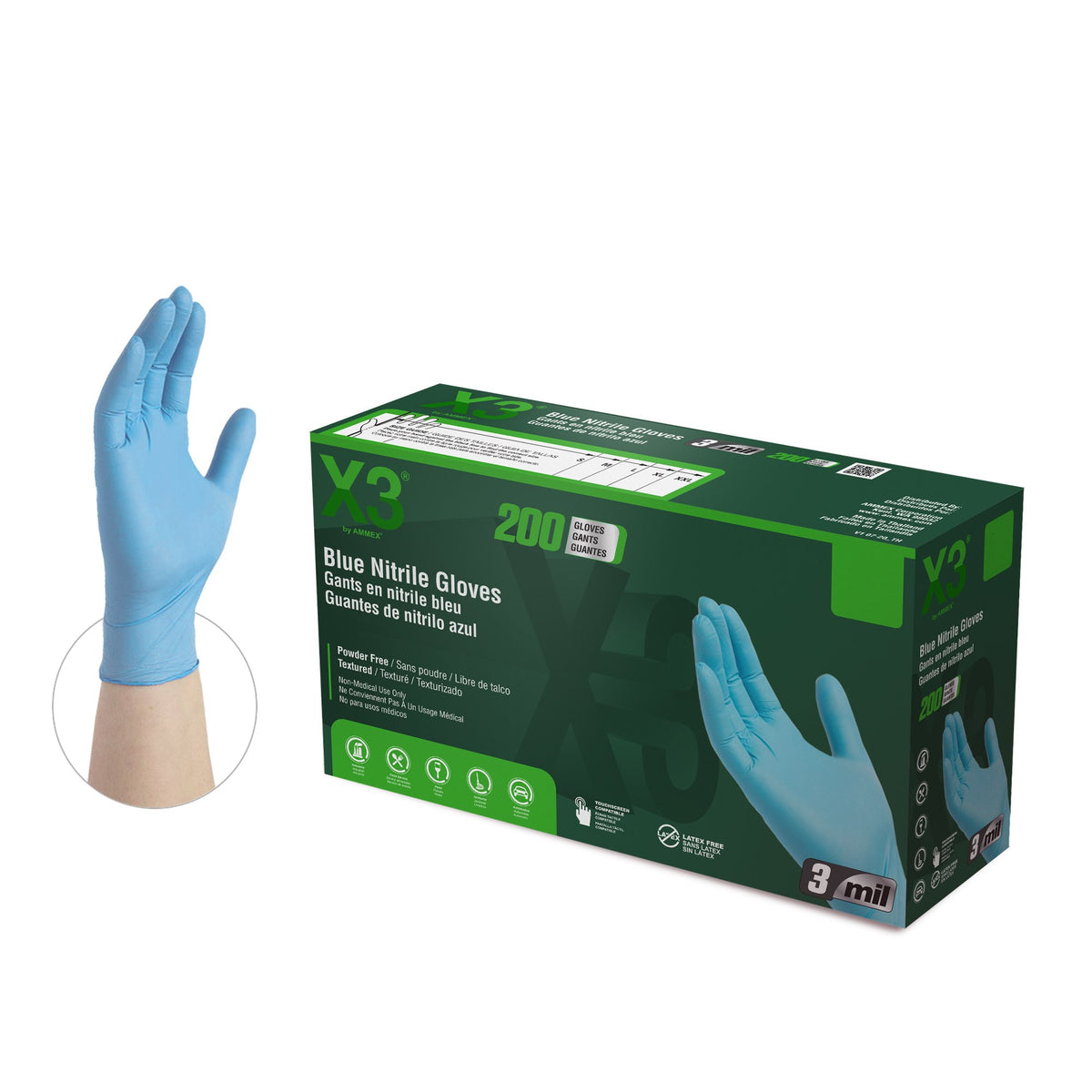 X3 3-Mil Blue Industrial Nitrile Disposable Gloves, Latex Free