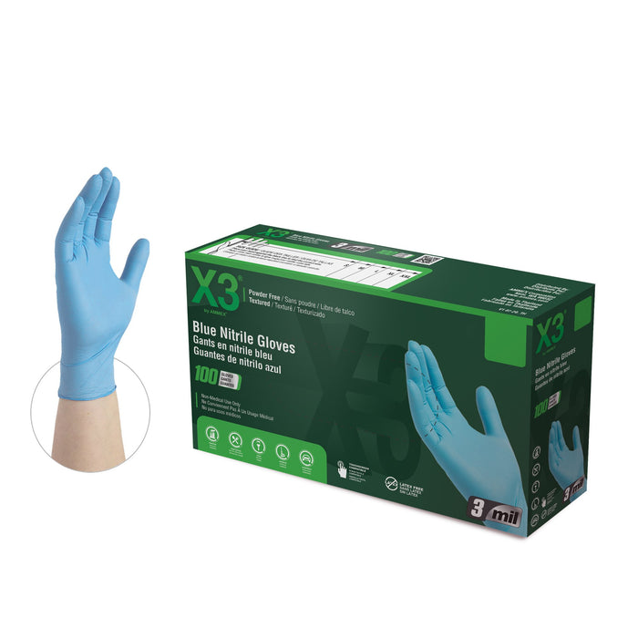 X3 3-Mil Blue Industrial Nitrile Disposable Gloves, Latex Free
