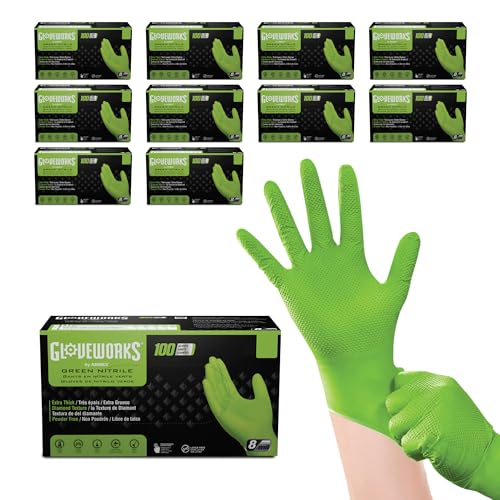 GLOVEWORKS HD Green Nitrile Gloves, 8 mil Nitrile Gloves Medium-XXL Sizes, Nitrile Disposable Gloves with Raised Diamond Grip
