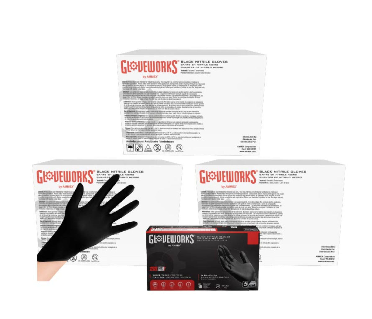 Gloveworks black nitrile gloves packaging on a white background