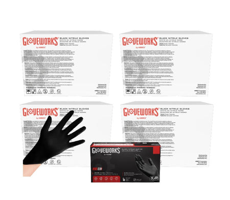 Gloveworks black nitrile gloves packaging with a single glove displayed.