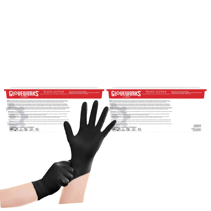 GLOVEWORKS Black Nitrile Disposable Gloves with Raised Diamond Texture, Powder Free, 6 mil - GWBN