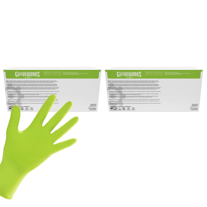 GLOVEWORKS Green Nitrile Disposable Gloves with Raised Diamond Texture, Powder Free, 8 mil - GWGN