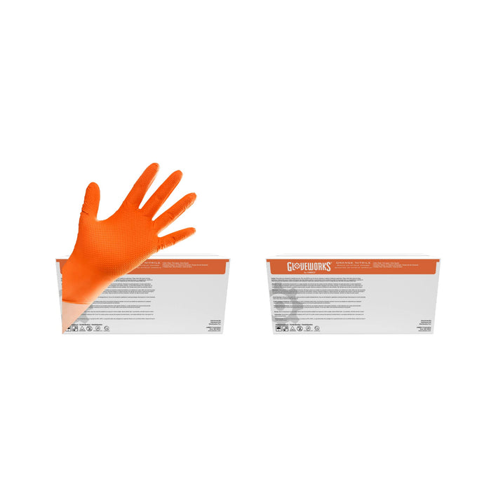 GLOVEWORKS Orange Nitrile Gloves with Rasied Diamond Texture, Powder Free, Industrial Grade, 8 mil - GWON