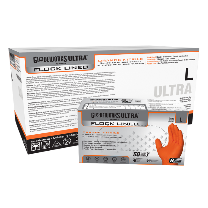 GLOVEWORKS Industrial Orange Disposable Gloves, Flock-Lined Nitrile Gloves, Raised Diamond Texture, 8 mil, XX-Large, Box of 50