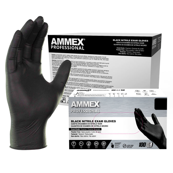 AMMEX Professional 3 mil. Black Nitrile Disposable Exam Gloves - ABNPF