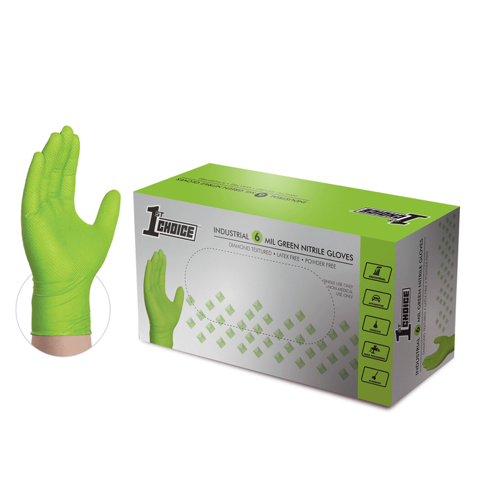 1st Choice Premium 6 mil. Green Nitrile Disposable Industrial Gloves with Raised Diamond Texture - 1GN