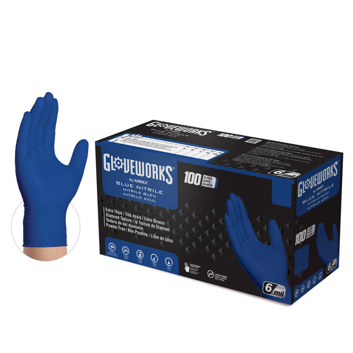 Gloveworks HD 6 mil. Royal Blue Nitrile Disposable Industrial Gloves with Raised Diamond Texture - GWRBN