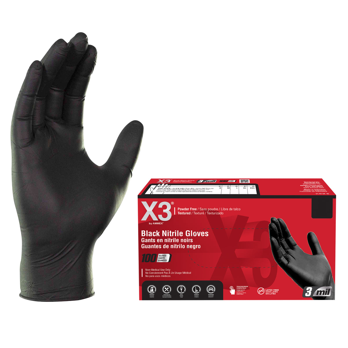 X3 3-Mil Black Industrial Nitrile Disposable Gloves, Latex Free