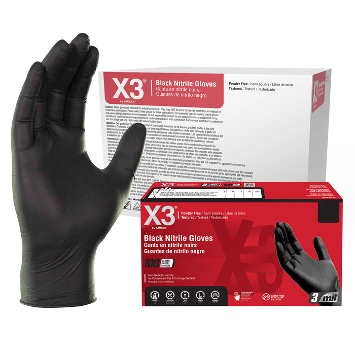 X3 3 mil. Black Nitrile Disposable Industrial Gloves - BX3