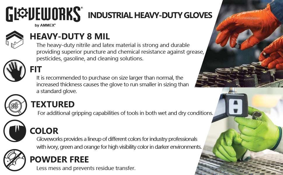 Gloveworks HD 8 mil Orange Nitrile Disposable Industrial Gloves with Raised Diamond Texture (European Packaging) - GWOR