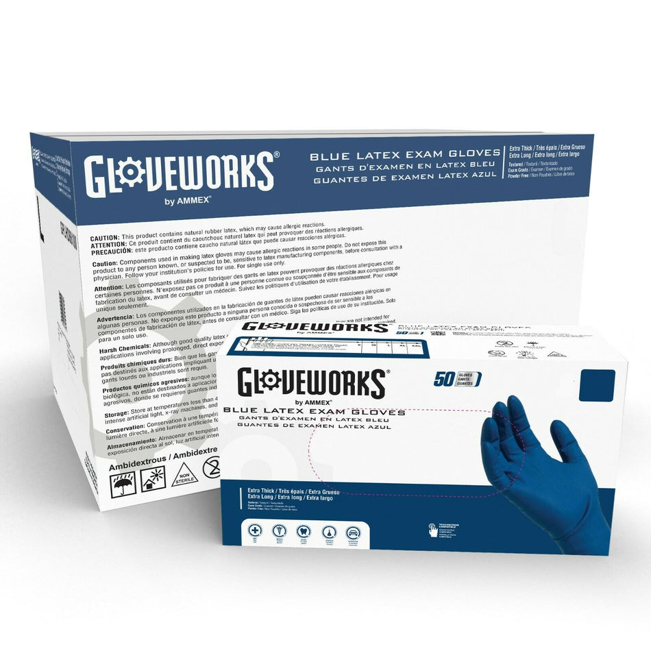 Gloveworks HD 13 mil. Blue Latex Disposable Medical Gloves - GPLHD