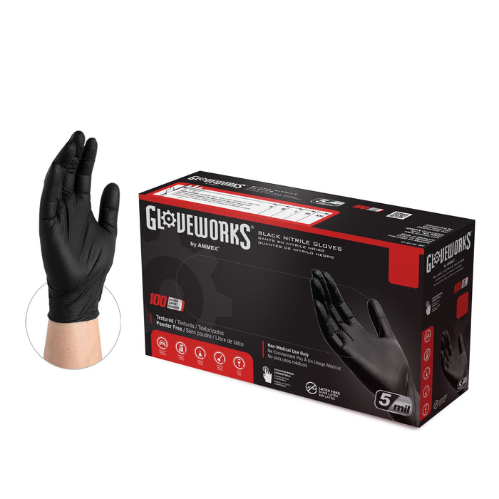 Gloveworks 5 mil. Black Nitrile Disposable Industrial Gloves, Small, Box of 100 - GPNB
