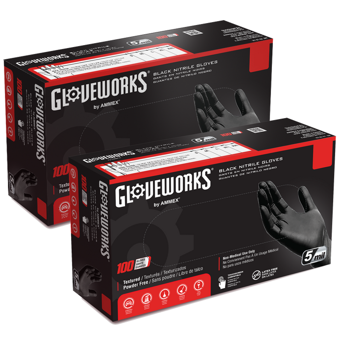 Gloveworks 5 mil. Black Nitrile Disposable Industrial Gloves, Large, 2 Boxes of 100 - GPNB (2-Pack)