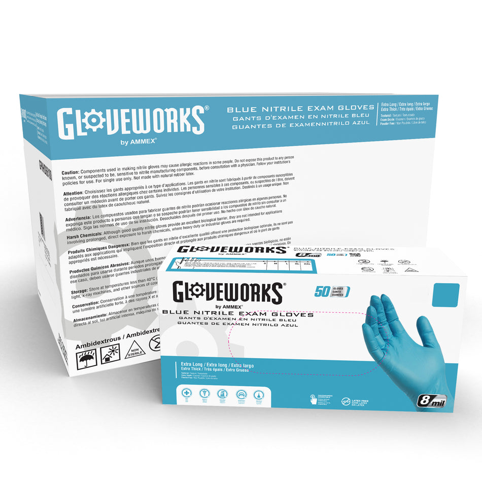 Gloveworks HD 8 mil. Blue Nitrile Disposable Medical Gloves - GPNHD