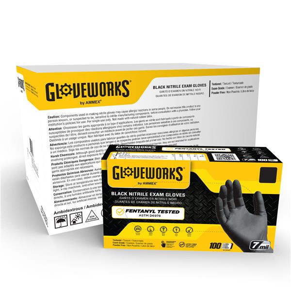 Gloveworks Medical Black Nitrile Fentanyl Rated Disposable Gloves, 7 mil, Latex Free, Powder Free, Textured