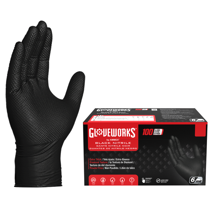 Gloveworks HD 6 mil. Black Nitrile Disposable Industrial Gloves with Raised Diamond Texture - GWBN