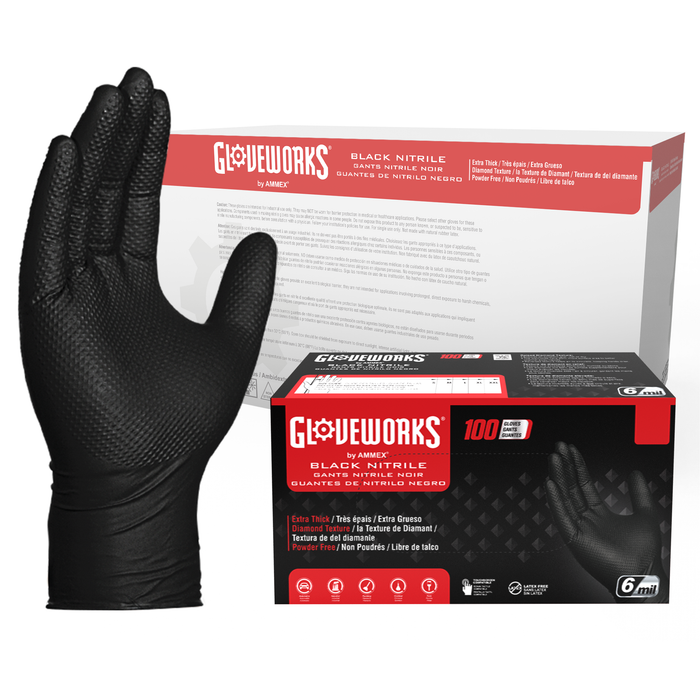 Gloveworks HD 6 mil. Black Nitrile Disposable Industrial Gloves with Raised Diamond Texture - GWBN